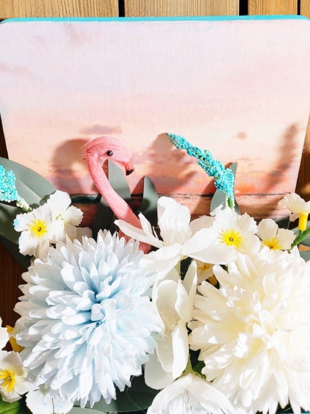 Summer Artificial Flower Arrangement in Wooden Decoupaged Planter - Picture 4 of 4